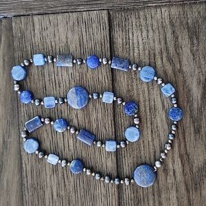 Sophisticated Lazuli Lapis Gemstone Necklace. Handmade 22" Long Beautiful Blues